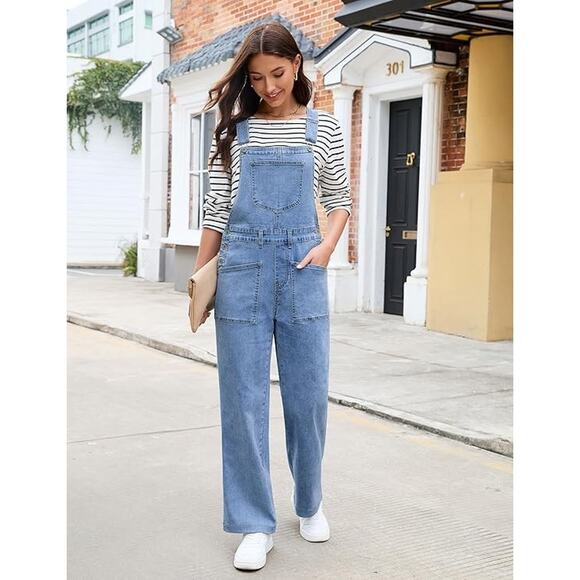 Womens Wide Leg Baggy Stretch Denim Cargo Overalls Boho Western Cottage XL - Picture 4 of 7